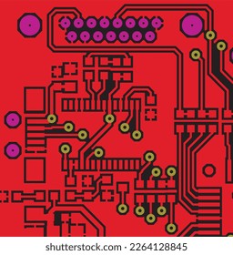 Tracing the conductors of a multilayer 
printed circuit board. Vector drawing of 
printed tracks, transition holes, contact 
pads and metallization areas. 
Electronic circuit board with components