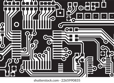 Tracing the conductors of a multilayer 
printed circuit board. Vector drawing of 
printed tracks, transition holes, contact 
pads and metallization areas. 
Electronic circuit board with components