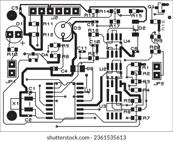 Tracing the conductors of a multilayer printed circuit board.
Vector drawing of printed tracks, transition holes,
contact pads and copper metallization areas.
Electronic circuit board with components