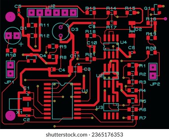 Tracing the conductors of a multilayer printed circuit board. Vector drawing of printed tracks, transition holes, contact pads and copper metallization areas. Electronic circuit board with components