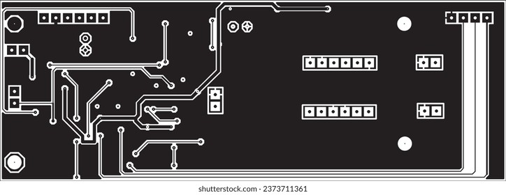 Tracing the conductors of a multilayer printed circuit board. Vector drawing of printed tracks, transition holes,
contact pads and copper metallization areas. Electronic circuit board with components