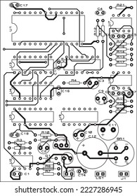 Tracing the conductors of a printed circuit board.
Vector drawing a1 of printed tracks, transition holes,
contact pads and copper metallization areas.
Silkscreen printing, assembly drawing.