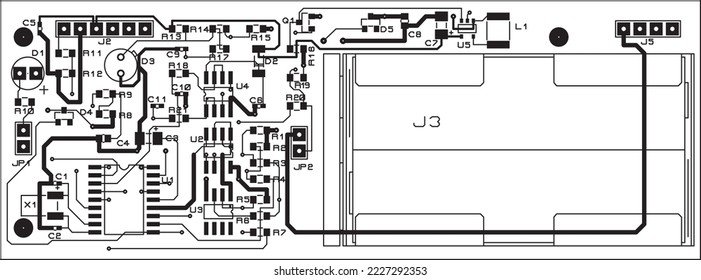 Tracing the conductors of a printed circuit board.
Vector drawing a1 of printed tracks, transition holes,
contact pads and copper metallization areas.
Silkscreen printing, assembly drawing.