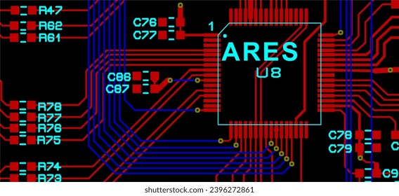 Tracing the conductors of the printed circuit board
of an electronic device. Vector engineering drawing of a pcb. Electric background.