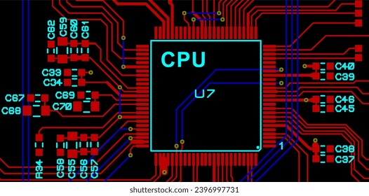 Tracing the conductors of the printed circuit board of an electronic device. Vector engineering drawing of a pcb. Electric background.