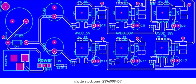 Tracing the conductors of the printed circuit board of an electronic device. Vector engineering drawing of a pcb. Electric background.