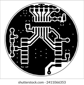 Tracing the conductors of the printed circuit board of electronic device. Vector technical engineering drawing of round pcb. Electric background.