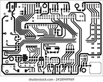 Tracing conductors of printed circuit board of electronic device. Vector engineering technical drawing of pcb. Electric background. Concept of pcb design.