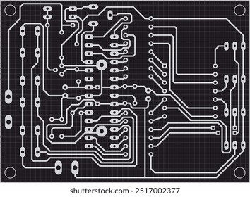 Tracing conductors of printed circuit board
of an electronic device. Vector engineering 
drawing of pcb. Electric background with grid.
Computer technic cad design.