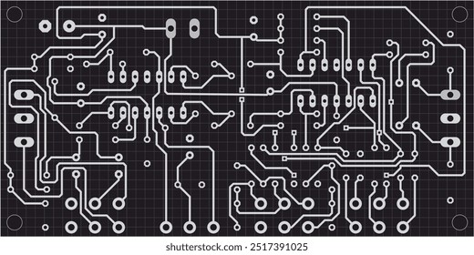 Tracing conductors of printed circuit board
of electronic device. Vector engineering 
drawing of pcb. Electric background with grid.
Computer technic cad design.