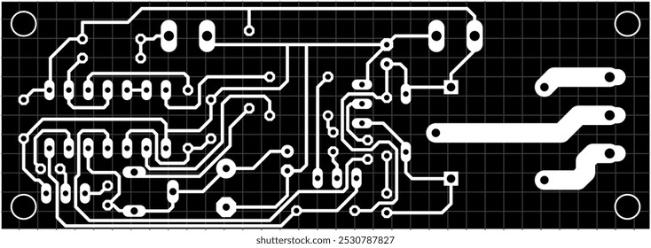 Tracing conductors of printed circuit board of electronic device. Vector computer engineering technical drawing of pcb. Electric technic cad background with grid.