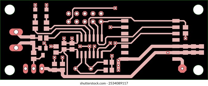 Tracing conductors of printed circuit board of electronic device. Vector engineering drawing of pcb design. Electric background. Computer technic cad project.