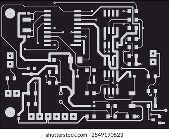 Conductores de trazado de la placa de circuito impreso del dispositivo electrónico. Dibujo de ingeniería de Vector del diseño de PCB. Fondo eléctrico. Proyecto de tarjeta técnica informática.