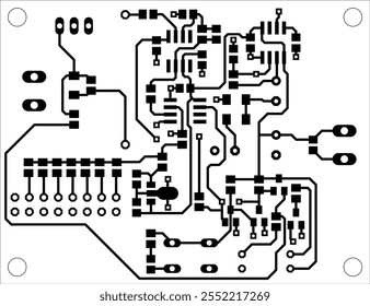 Tracing conductors of printed circuit board of electronic device. Vector engineering drawing of pcb design. Electric background. Computer technic cad project.