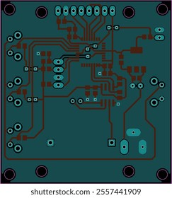 Tracing conductors of printed circuit board of electronic device. Vector engineering drawing of pcb design. Electric background. Computer technic cad project.