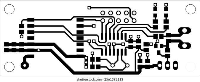 Tracing conductors of printed circuit board
of electronic device. Vector engineering 
drawing of pcb design on white sheet of paper. Electric background.
Computer technic cad project.