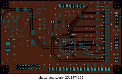 Tracing conductors of printed circuit board
of electronic device. Vector engineering 
drawing of pcb design. Electric background.
Computer technic cad project.