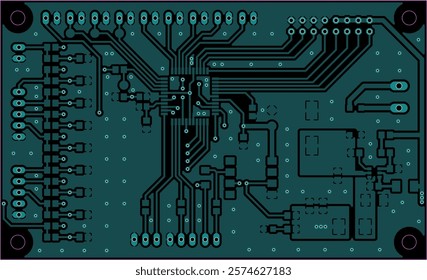 Tracing conductors of printed circuit board
of electronic device. Vector engineering 
drawing of pcb design. Electric background.
Computer technic cad project.
