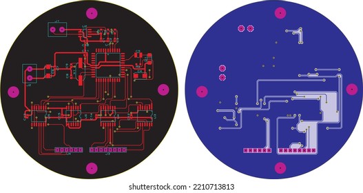 Tracing the conductors of a round multilayer printed circuit board
Vector drawing of printed tracks, transition holes,
contact pads and copper metallization areas Silkscreen printing, assembly drawing