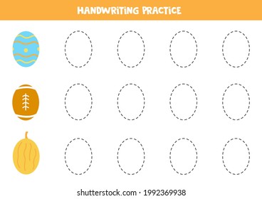 Tracing contours of cartoon oval objects. Handwriting practice for children.