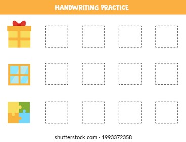 Tracing contours of cartoon square objects. Handwriting practice for children.