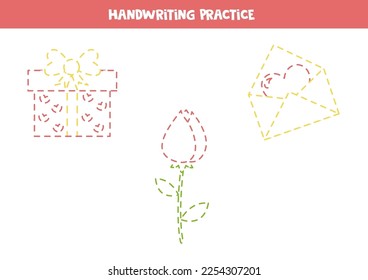 Tracing contours of cartoon St valentine day elements. Handwriting practice.
