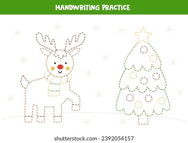 Tracing contours of Christmas reindeer and fir tree. Handwriting practice.