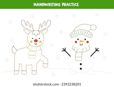 Tracing contours of Christmas reindeer and snowman Handwriting practice.