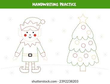 Tracing contours of Christmas tree and elf. Handwriting practice.