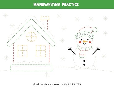 Tracing contours of Christmas winter house and snowman. Handwriting practice.