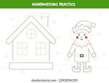 Tracing contours of Christmas winter house and elf. Handwriting practice.