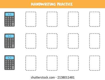 Tracing contours of cute calculator for kids. Handwriting practice.