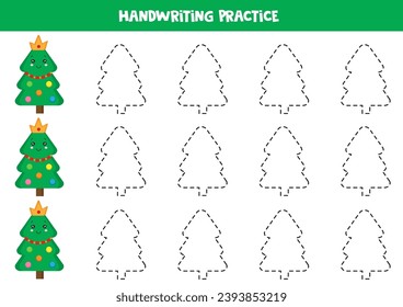 Tracing contours of cute Christmas tree. Handwriting practice.