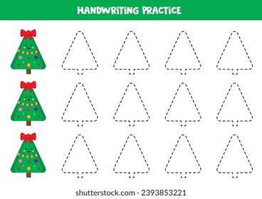 Tracing contours of cute Christmas tree. Handwriting practice.