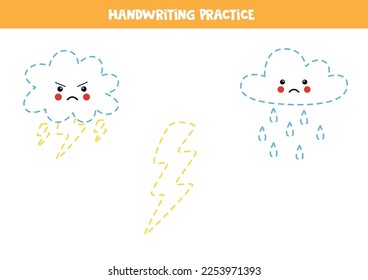 Tracing contours of cute clouds and lightning. Handwriting practice.