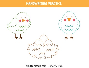 Tracing contours of cute colorful birds and nest. Handwriting practice.