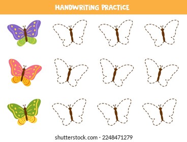 Tracing contours of cute and colorful butterflies. Handwriting practice.