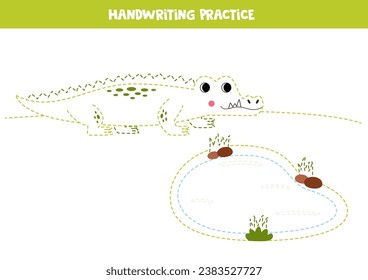 Tracing contours of cute green crocodile and water pond. Handwriting practice.