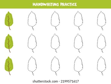 Tracing contours of cute green leaf for kids. Handwriting practice.