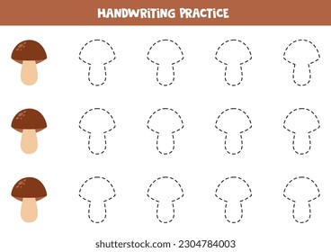 Tracing contours of cute mushroom. Handwriting practice.