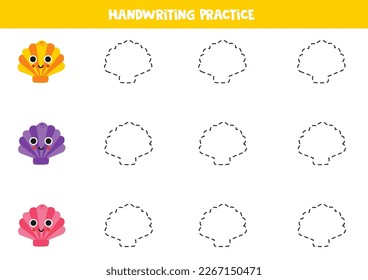 Tracing contours of cute seashell. Handwriting practice.