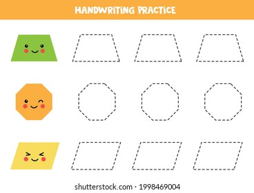 Tracing contours of cute trapezoid, octagon, parallelogram. Handwriting practice for children.