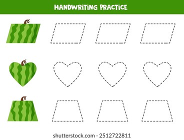 Tracing contours of geometrical watermelons. Handwriting practice for children.