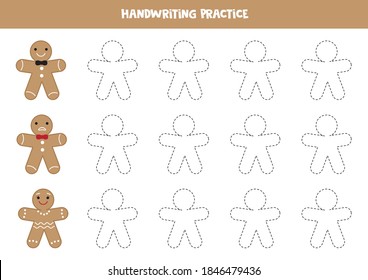 Tracing contours of gingerbread men cookies. Handwriting practice for kids.