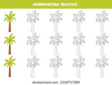 Tracing contours of green palm tree. Handwriting practice.