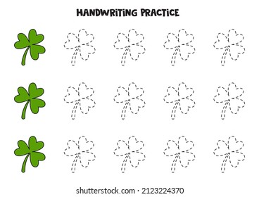 Tracing contours of green shamrocks. Handwriting practice.