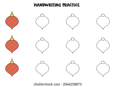 Tracing contours for kids with Christmas ball. Handwriting practice.