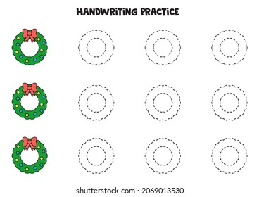 Tracing Contours For Kids With Christmas Wreath. Handwriting Practice.