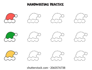 Tracing contours for kids with colorful hats. Handwriting practice.