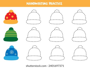 Tracing contours for kids. Cute cartoon colorful caps. Handwriting practice for children.